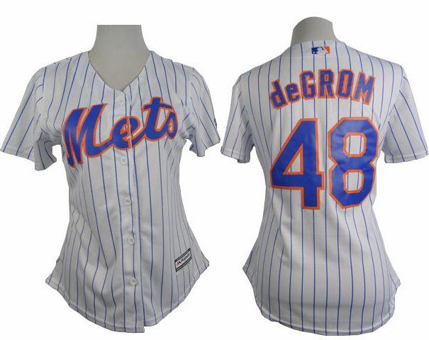 Mets #48 Jacob deGrom White(Blue Strip) Women's Home Stitched MLB Jersey