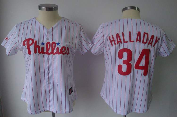 Phillies #34 Roy Halladay White With Red Strip Women's Fashion Stitched MLB Jersey