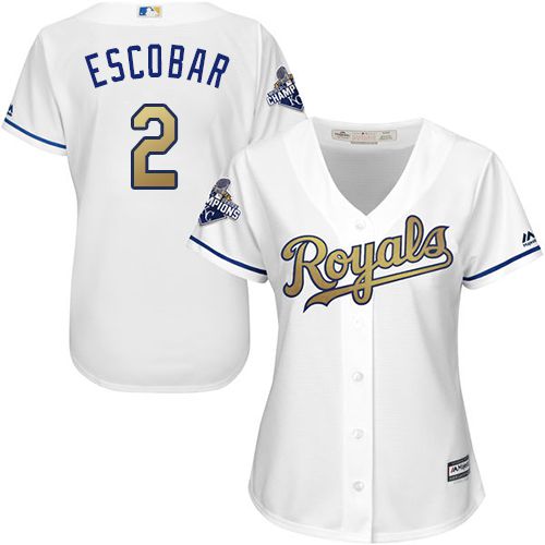 Royals #2 Alcides Escobar White 2015 World Series Champions Gold Program Cool Base Women's Stitched MLB Jersey