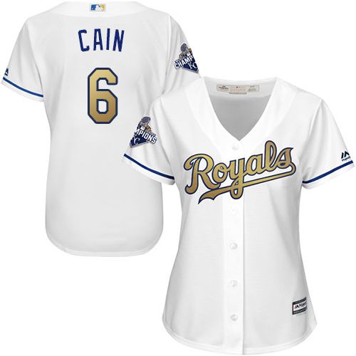 Royals #6 Lorenzo Cain White 2015 World Series Champions Gold Program Cool Base Women's Stitched MLB Jersey