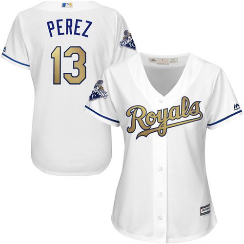 Royals #13 Salvador Perez White 2015 World Series Champions Gold Program Cool Base Women's Stitched MLB Jersey