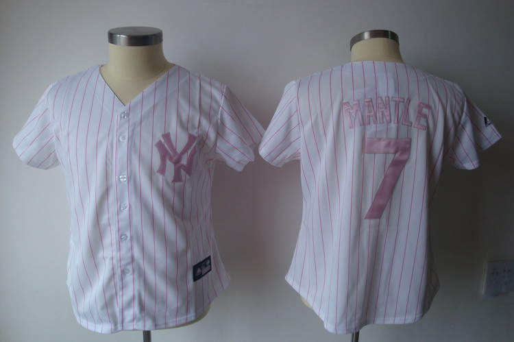 Yankees #7 Mickey Mantle White With Pink Strip Women's Fashion Stitched MLB Jersey