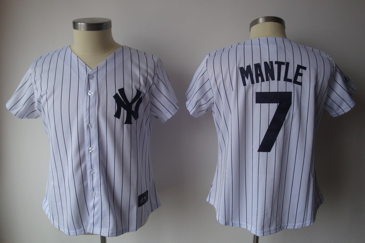 Yankees #7 Mickey Mantle White With Black Strip Women's Fashion Stitched MLB Jersey