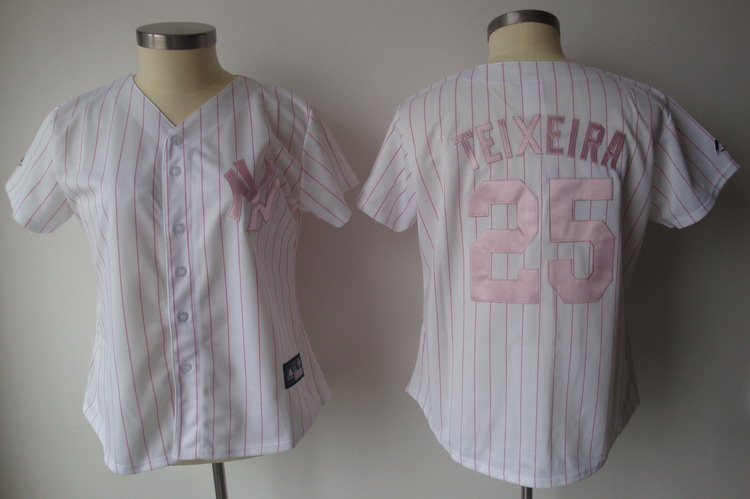 Yankees #25 Mark Teixeira White With Pink Strip Women's Fashion Stitched MLB Jersey
