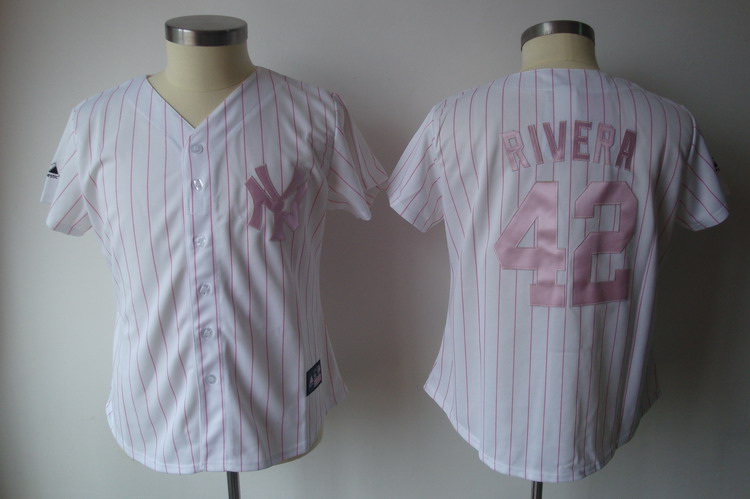 Yankees #42 Mariano Rivera White With Pink Strip Women's Fashion Stitched MLB Jersey
