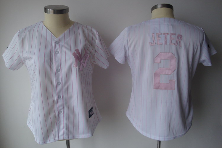 Yankees #2 Derek Jeter White With Pink Strip Women's Fashion Stitched MLB Jersey