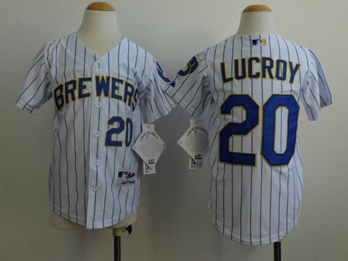 Brewers #20 Jonathan Lucroy White(Blue Stripe) Cool Base Stitched Youth MLB Jersey