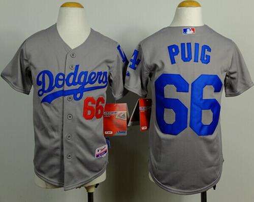 Dodgers #66 Yasiel Puig Grey Cool Base Stitched Youth MLB Jersey