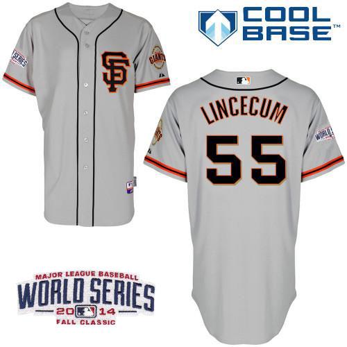 Giants #55 Tim Lincecum Grey Road 2 Cool Base W/2014 World Series Patch Stitched Youth MLB Jersey