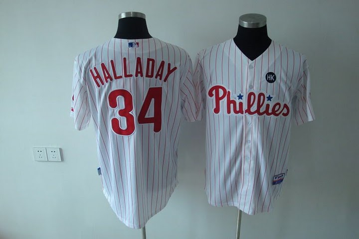 Phillies #34 Roy Halladay Stitched White Red Strip Youth MLB Jersey