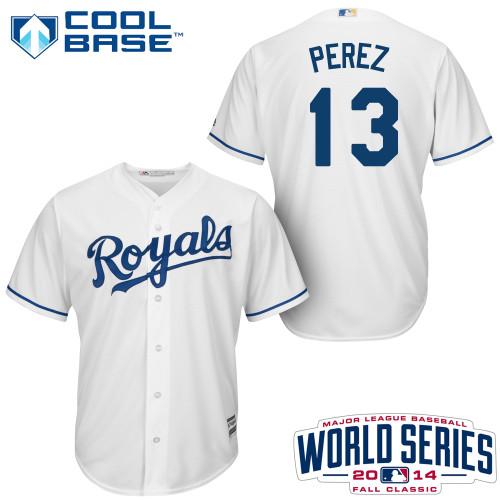 Royals #13 Salvador Perez White Cool Base W/2014 World Series Patch Stitched Youth MLB Jersey
