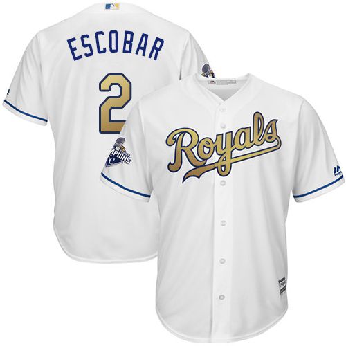 Royals #2 Alcides Escobar White 2015 World Series Champions Gold Program Cool Base Stitched Youth MLB Jersey