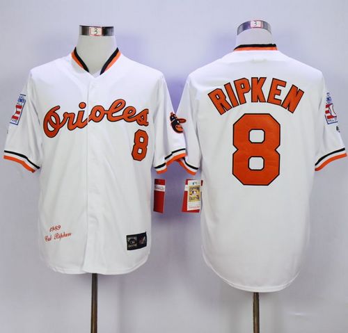 Mitchell And Ness 1989 Orioles #8 Cal Ripken White Throwback Stitched MLB Jersey
