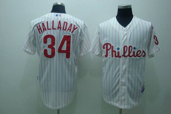 Phillies #34 Roy Halladay Stitched White Red Strip MLB Jersey