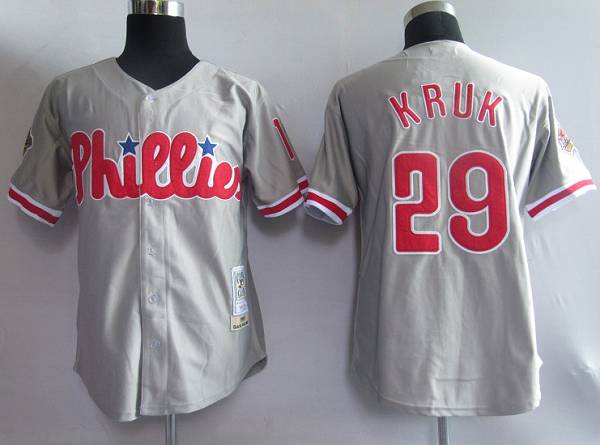 Mitchell and Ness Phillies #29 John Kruk Grey Stitched Throwback MLB Jersey