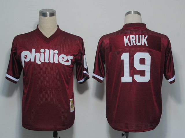 Mitchell and Ness 1991 Phillies #19 John Kruk Red Stitched MLB Jersey
