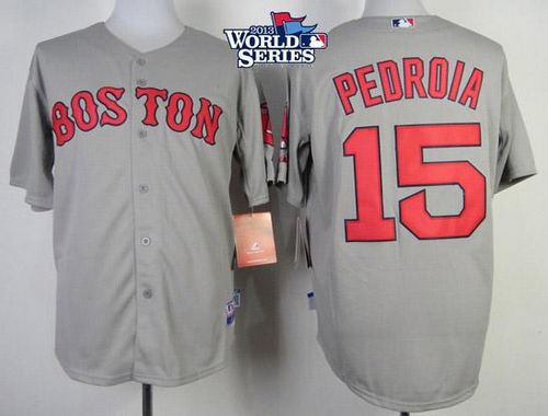 Red Sox #15 Dustin Pedroia Grey Cool Base 2013 World Series Patch Stitched MLB Jersey
