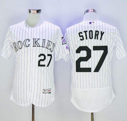 Rockies #27 Trevor Story White Strip Flexbase Authentic Collection Stitched MLB Jersey