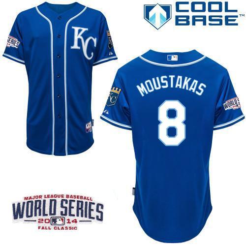 Royals #8 Mike Moustakas Blue Alternate 2 Cool Base W/2014 World Series Patch Stitched MLB Jersey