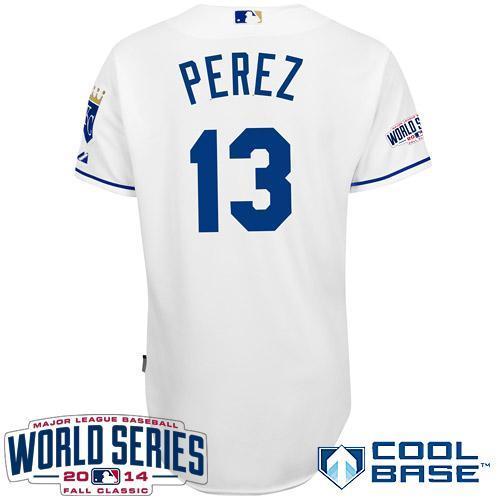 Royals #13 Salvador Perez White Cool Base W/2014 World Series Patch Stitched MLB Jersey