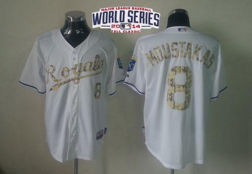 Royals #8 Mike Moustakas White USMC Cool Base W/2014 World Series Patch Stitched MLB Jersey