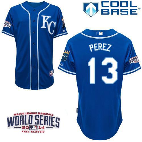 Royals #13 Salvador Perez Blue Alternate 2 Cool Base W/2014 World Series Patch Stitched MLB Jersey