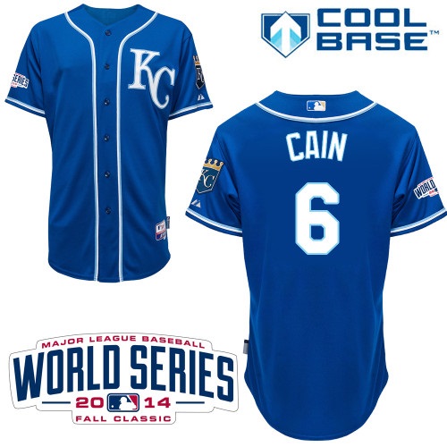 Royals #6 Lorenzo Cain Light Blue Alternate 2 Cool Base W/2014 World Series Patch Stitched MLB Jersey