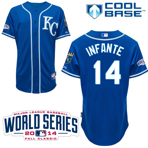 Royals #14 Omar Infante Light Blue Alternate 2 Cool Base W/2014 World Series Patch Stitched MLB Jersey