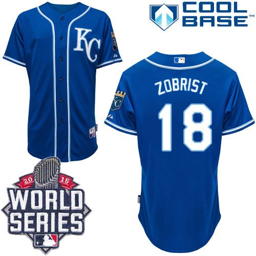 Royals #18 Ben Zobrist Blue Alternate 2 Cool Base W/2015 World Series Patch Stitched MLB Jersey