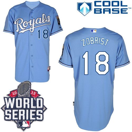 Royals #18 Ben Zobrist Light Blue Alternate 1 Cool Base W/2015 World Series Patch Stitched MLB Jersey