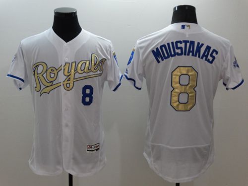 Royals #8 Mike Moustakas White 2015 World Series Champions Gold Program FlexBase Authentic Stitched MLB Jersey