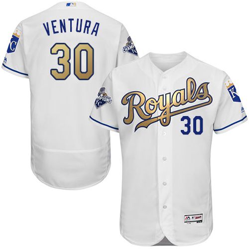Royals #30 Yordano Ventura White 2015 World Series Champions Gold Program FlexBase Authentic Stitched MLB Jersey