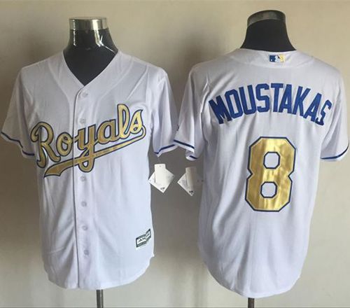 Royals #8 Mike Moustakas White New Cool Base 2015 World Series Champions Gold Program Stitched MLB Jersey