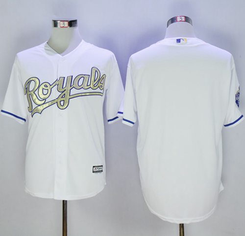 Royals Blank White New Cool Base 2015 World Series Champions Gold Program Stitched MLB Jersey