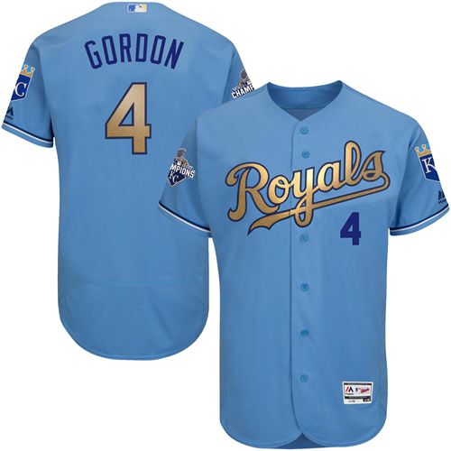 Royals #4 Alex Gordon Light Blue FlexBase Authentic 2015 World Series Champions Gold Program Stitched MLB Jersey
