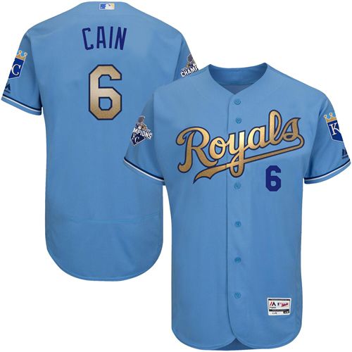 Royals #6 Lorenzo Cain Light Blue FlexBase Authentic 2015 World Series Champions Gold Program Stitched MLB Jersey