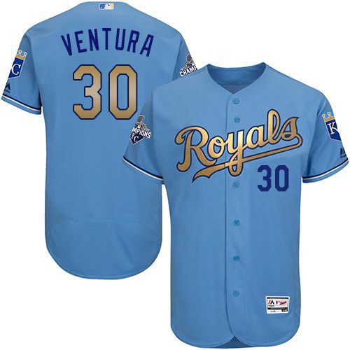 Royals #30 Yordano Ventura Light Blue FlexBase Authentic 2015 World Series Champions Gold Program Stitched MLB Jersey