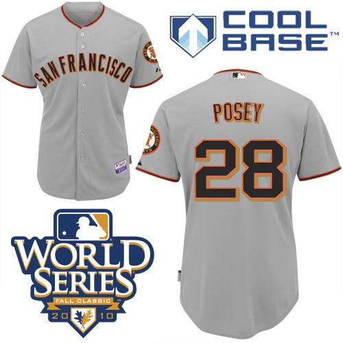 Giants #28 Buster Posey Grey Cool Base w/2010 World Series Patch Stitched MLB Jersey
