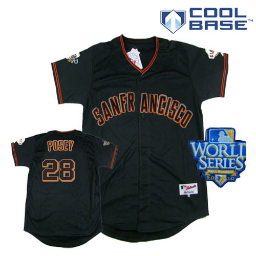 Giants #28 Buster Posey Black Cool Base w/2010 World Series Patch Stitched MLB Jersey