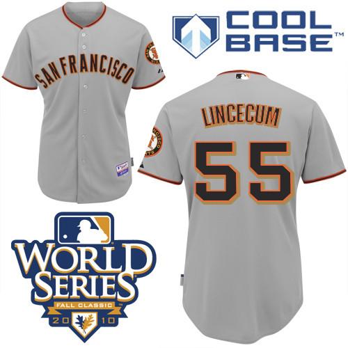 Giants #55 Tim Lincecum Grey Cool Base w/2010 World Series Patch Stitched MLB Jersey