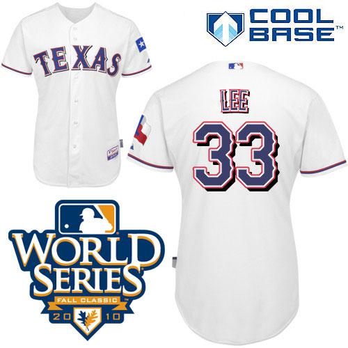Rangers #33 Cliff Lee White Cool Base w/2010 World Series Patch Stitched MLB Jersey
