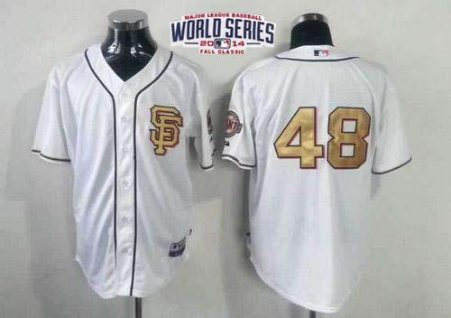 Giants #48 Pablo Sandoval Cream Gold No. W/2014 World Series Patch Stitched MLB Jersey