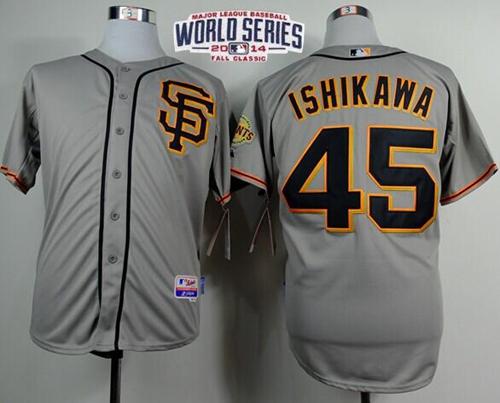 Giants #45 Travis Ishikawa Grey Road 2 Cool Base W/2014 World Series Patch Stitched MLB Jersey