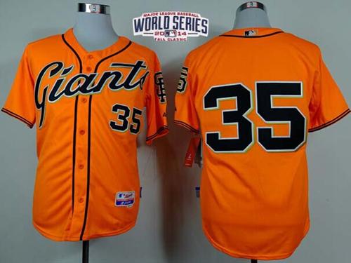 Giants #35 Brandon Crawford Orange Alternate Cool Base W/2014 World Series Patch Stitched MLB Jersey