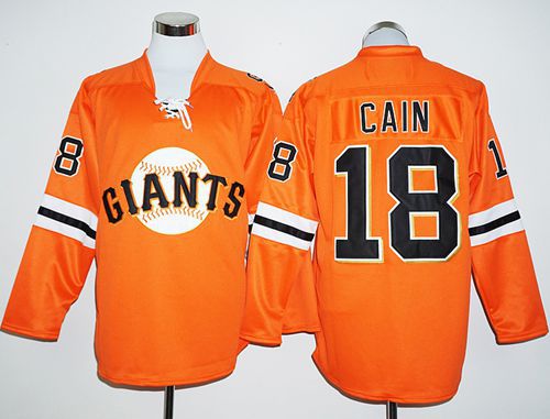 Giants #18 Matt Cain Orange Long Sleeve Stitched MLB Jersey