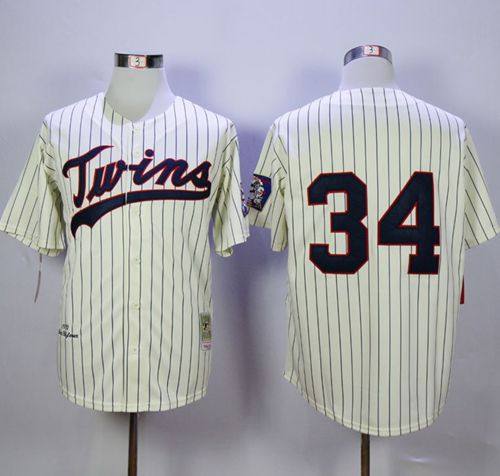 Mitchell And Ness Twins #34 Kirby Puckett Cream Strip Throwback Stitched MLB Jersey