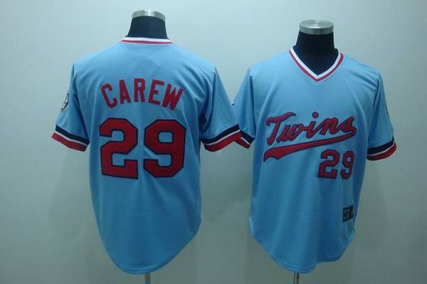 Mitchelland Ness Twins #29 Rod Carew Stitched Light Blue Throwback MLB Jersey