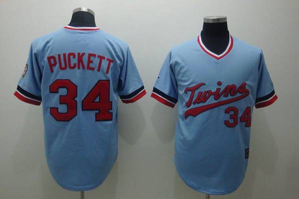 Mitchelland Ness Twins #34 Kirby Puckett Stitched Light Blue Throwback MLB Jersey