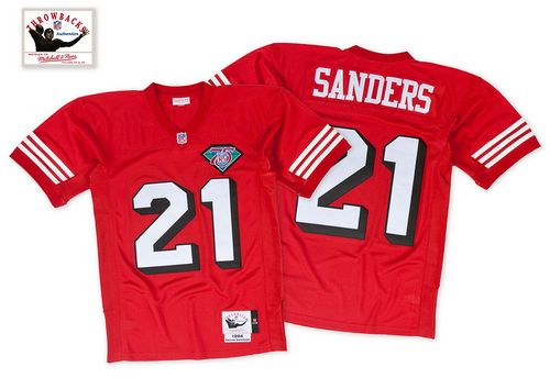 Mitchell And Ness 75TH 49ers #21 Deion Sanders Red Stitched Throwback NFL Jersey