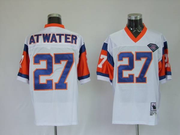 Mitchel & Ness Broncos #27 Steve Atwater White With 75 Anniversary Patch Stitched Throwback NFL Jersey